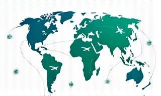 Graphic representing international travel with globes and airplanes.